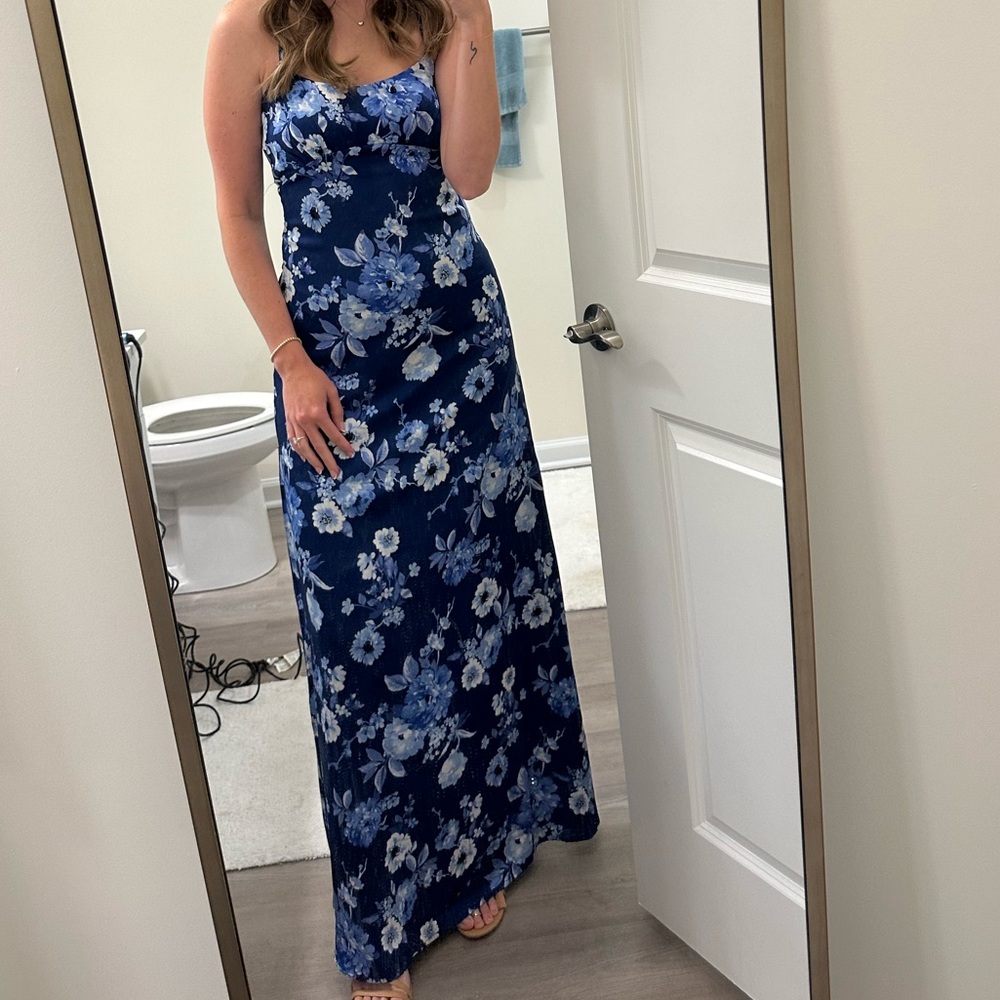 Floral Blue Maxi Dress with side slit